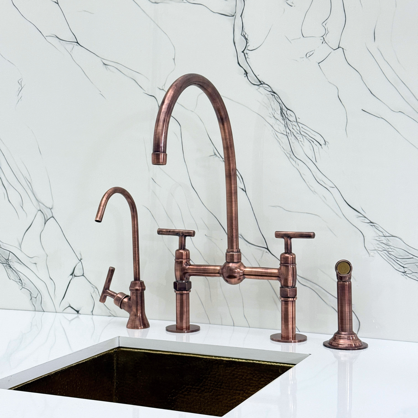 Antique Copper Bridge Faucet with Sprayer, Cold Water Faucet, Straight Legs and Lever Handles