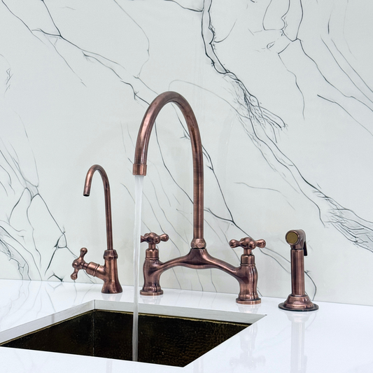 Antique Copper Kitchen Bridge Faucet with Sprayer, Drinking Water Tap and Cross Handles