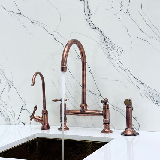 Antique Copper Bridge Kitchen Faucet with Cold Water Faucet, Sprayer, and Lever Handles