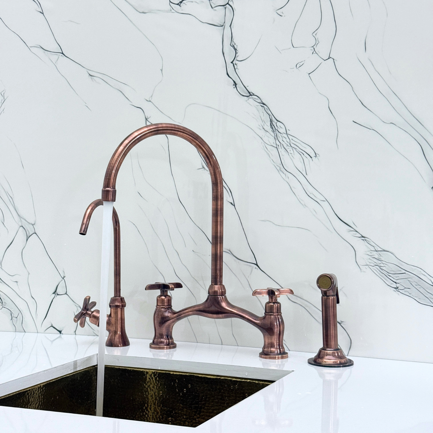 Antique Copper Kitchen Bridge Faucet with Drinking Water Tap, Sprayer, and Cross Handles