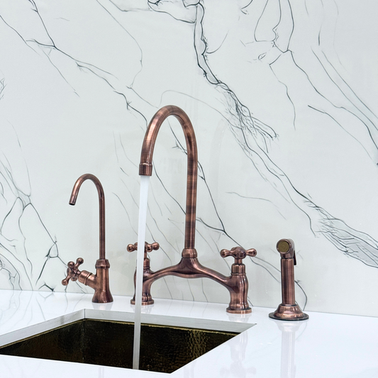 Antique Copper Kitchen Bridge Faucet with Drinking Water Tap, Sprayer, and Cross Handles