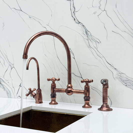 Antique Copper Bridge Vintage Kitchen Faucet with Ball Center, Sprayer, Cold Water Faucet and Cross Handles