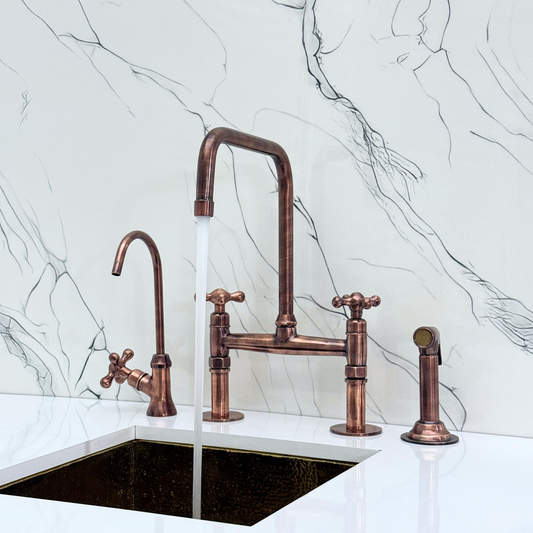Antique Copper Classic Bridge Faucet with Sprayer, Cold Water Faucet and Cross Handles