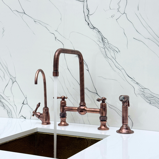 Antique Copper Classic Bridge Faucet with Ball Center, Sprayer, Cold Water Faucet and Lever Handles