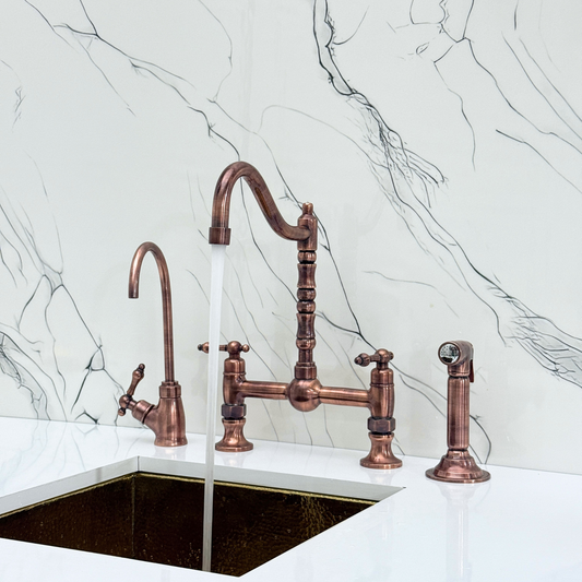 Antique Copper Victorian Bridge Faucet with Ball Center, Sprayer, Cold Water Faucet, and Lever Handles