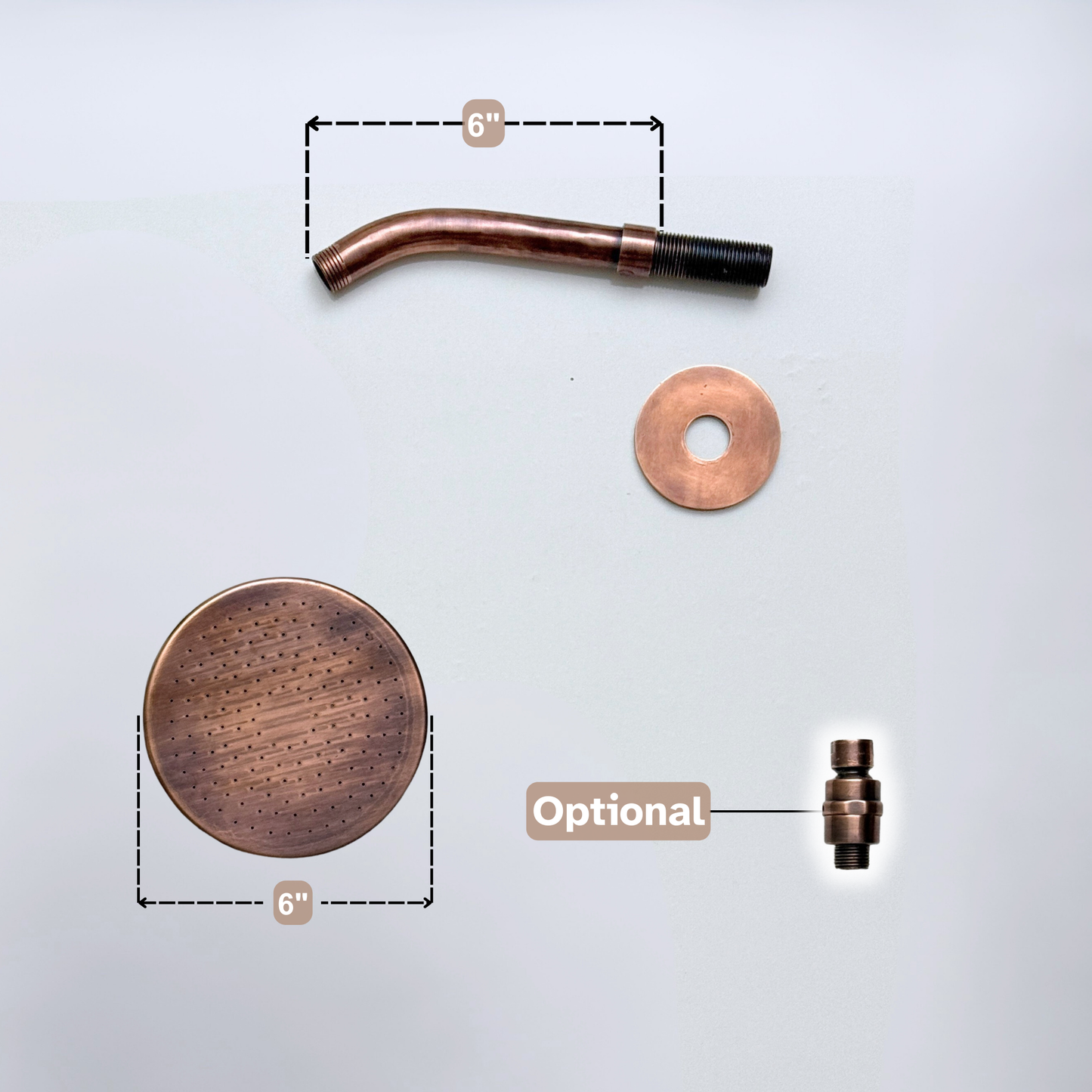 Antique Copper Flat Rain Shower Head with Short Arm, Adjustable Copper Shower Head