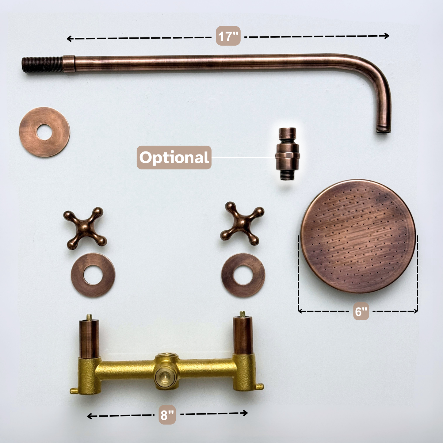 Antique Copper Shower System with Adjustable Flat Round Rain Shower Head, Straight Arm and Cross Handles