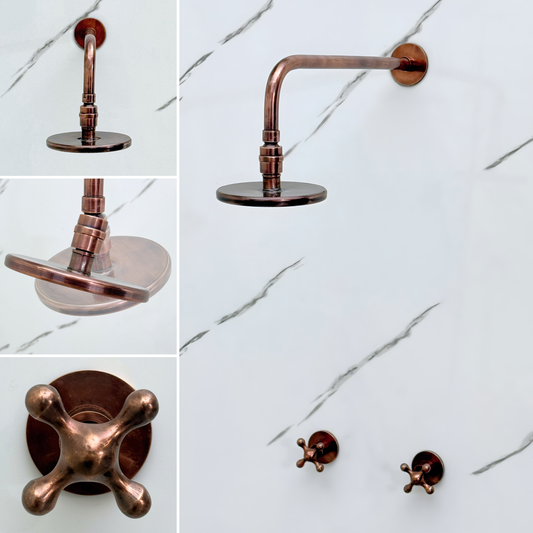 Antique Copper Shower System with Adjustable Flat Round Rain Shower Head, Straight Arm and Cross Handles