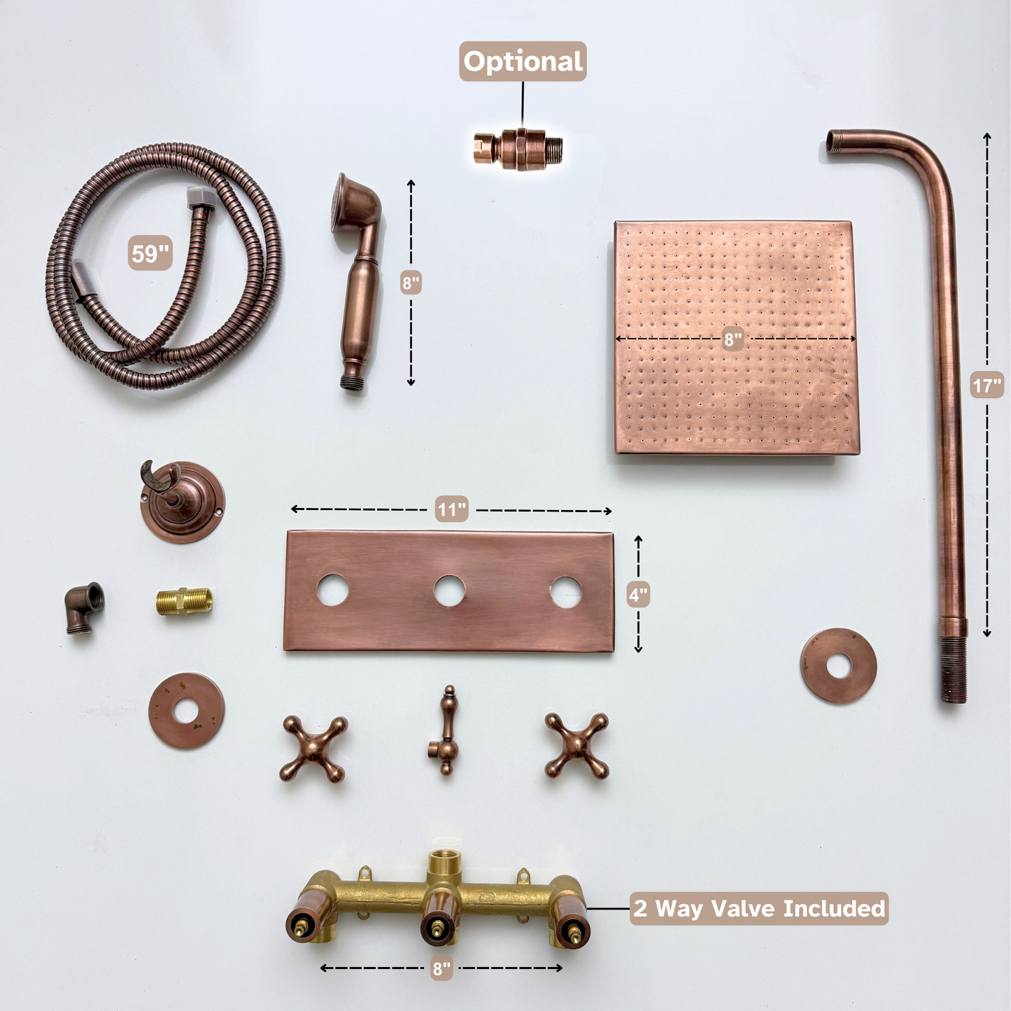 Antique Copper Shower System with Adjustable Flat Square Rain Shower Head, Handheld Shower Head, Central Copper Plaque and Cross Handles