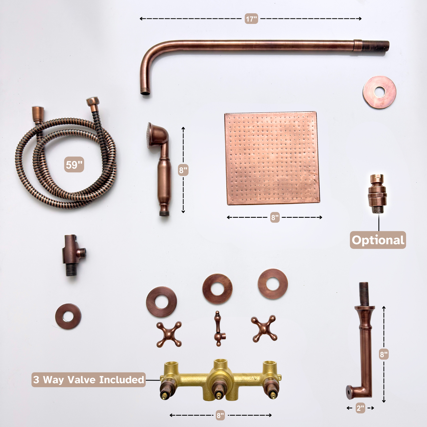 Antique Copper Shower System with Adjustable Flat Square Rain Shower Head, Handheld Shower Head, Tub Filler and Cross Handles