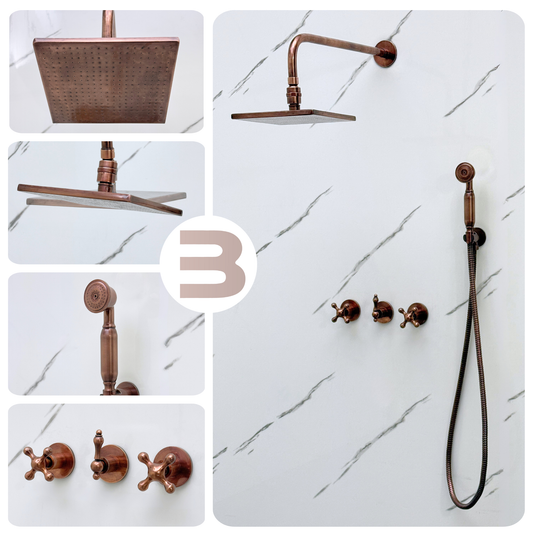 Antique Copper Shower System with Adjustable Flat Square Rain Shower Head, Handheld Shower Head and Cross Handles