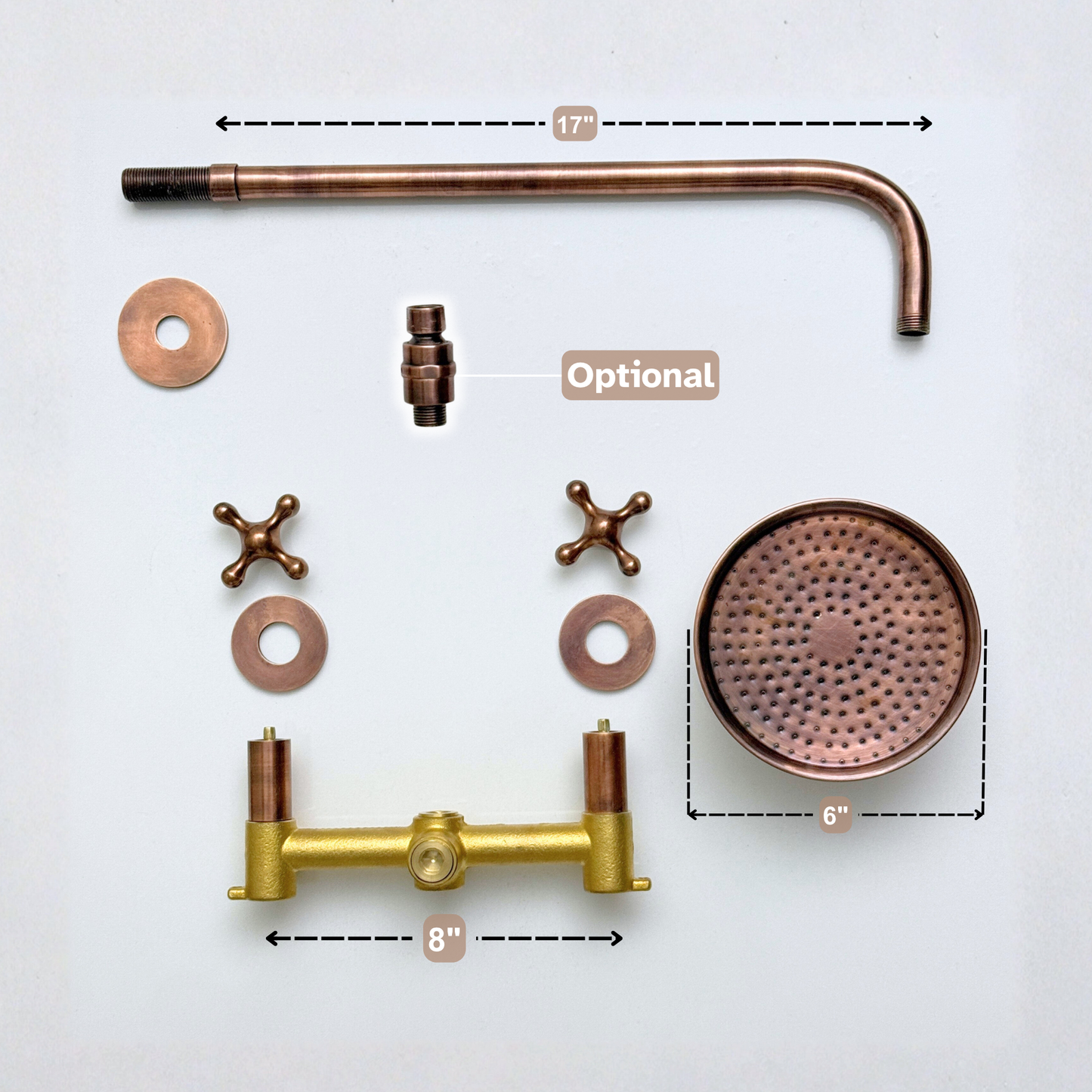 Antique Copper Shower System with Adjustable Round Rain Shower Head, Straight Arm and Cross Handles
