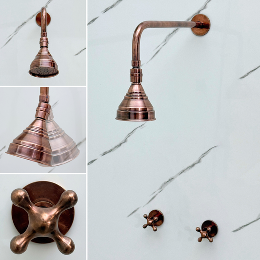 Antique Copper Shower System with Adjustable Round Rain Shower Head, Straight Arm and Cross Handles