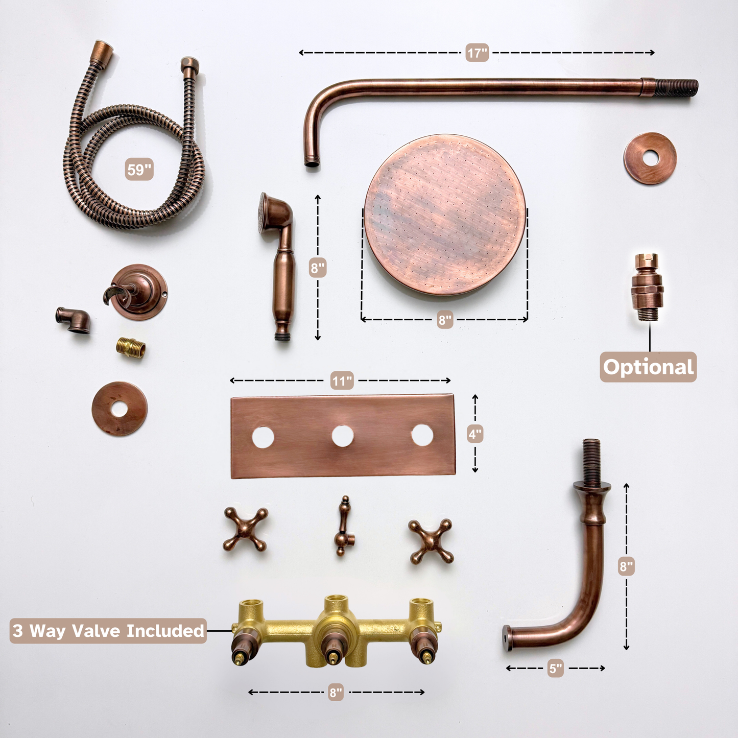 Antique Copper Shower System with Flat Round Rain Adjustable Shower Head, Handheld Shower Head, Central Copper Plaque, Tub Filler and Cross Handles