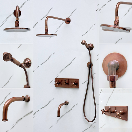 Antique Copper Shower System with Flat Round Rain Adjustable Shower Head, Handheld Shower Head, Central Copper Plaque, Tub Filler and Cross Handles