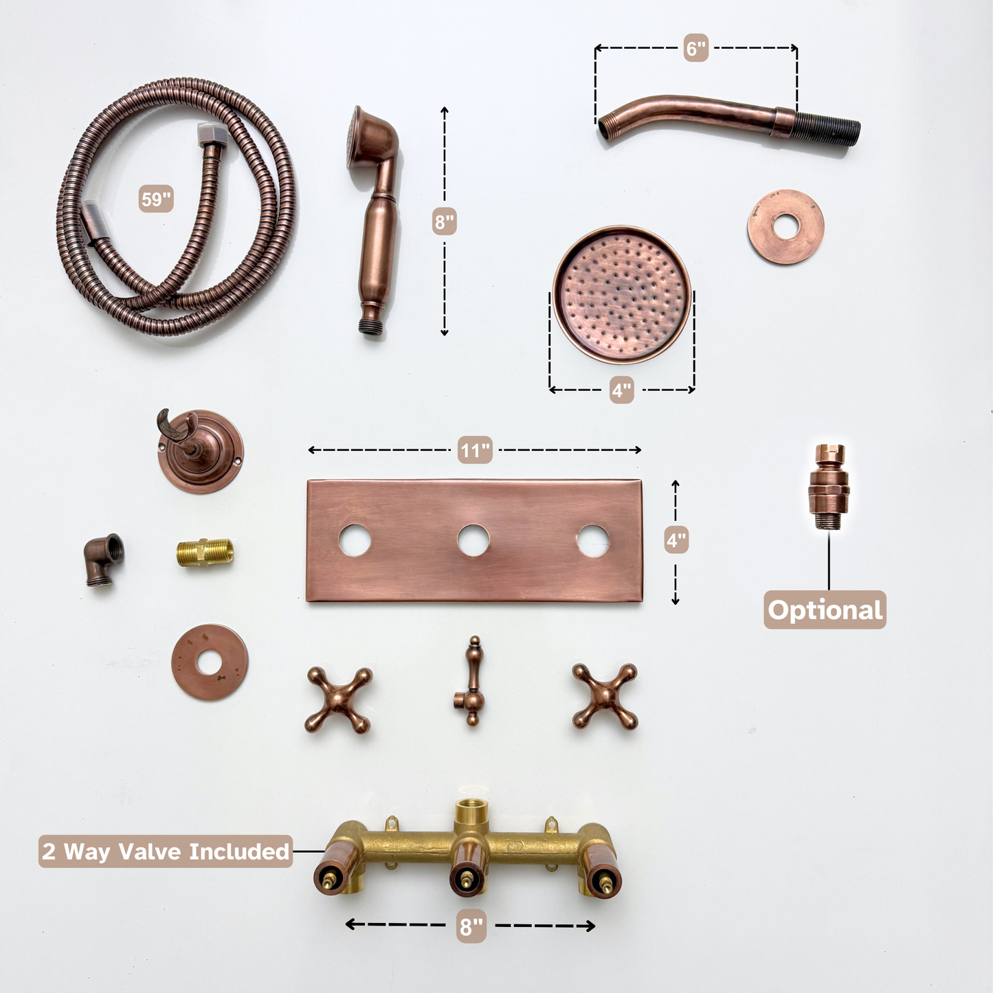 Antique Copper Shower System with Round Rain Adjustable Shower Head, Handheld Shower Head, Central Copper Plaque and Cross Handles