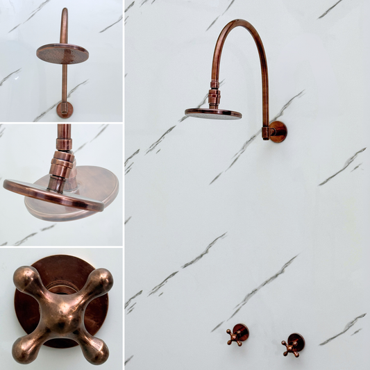 Antique Copper Shower System with Flat Round Rain Shower Head, Arcuate Arm and Cross Handles