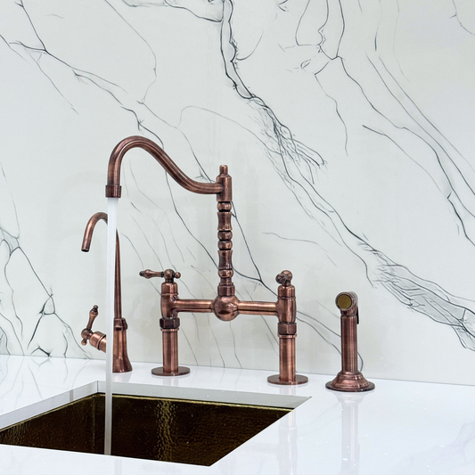 Antique Copper Victorian Bridge Faucet with Sprayer, Cold Water Faucet, Straight Legs and Lever Handles