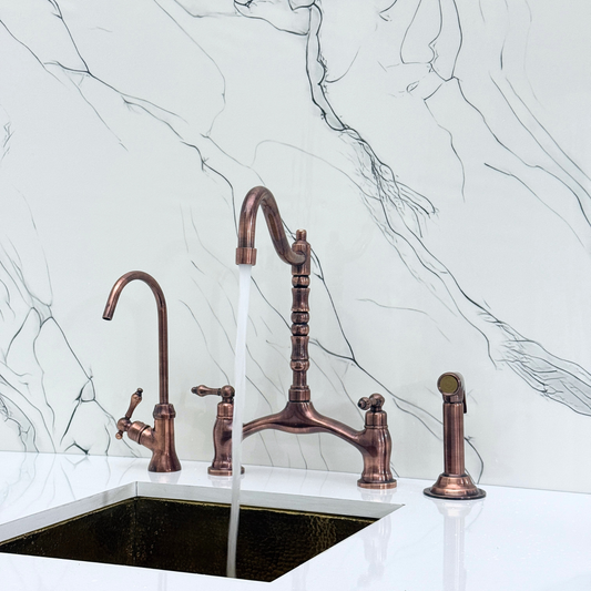 Antique Copper Victorian Bridge Kitchen Faucet with Sprayer, Drinking Water Tap and Lever Handles