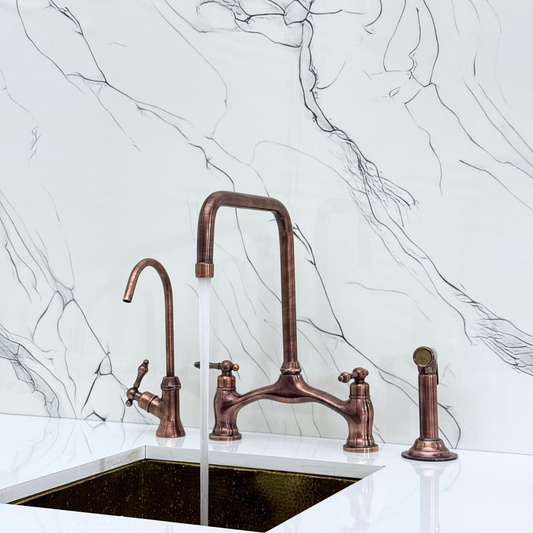 Antique Copper Vintage Bridge Kitchen Faucet with Sprayer, Drinking Water Tap and Lever Handles