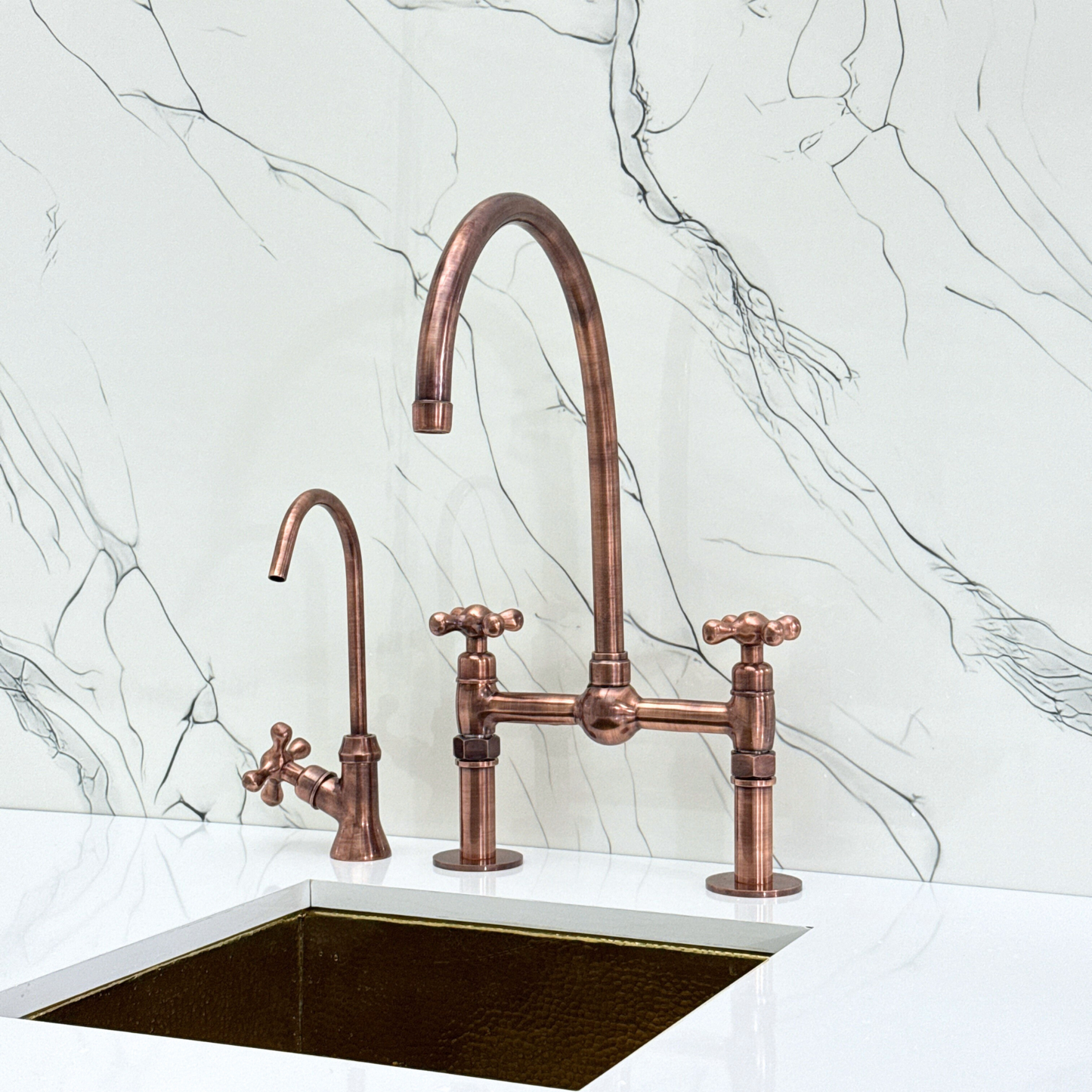 Antique Copper Bridge Faucet with Sprayer, Cold Water Faucet, Straight Legs and Cross Handles