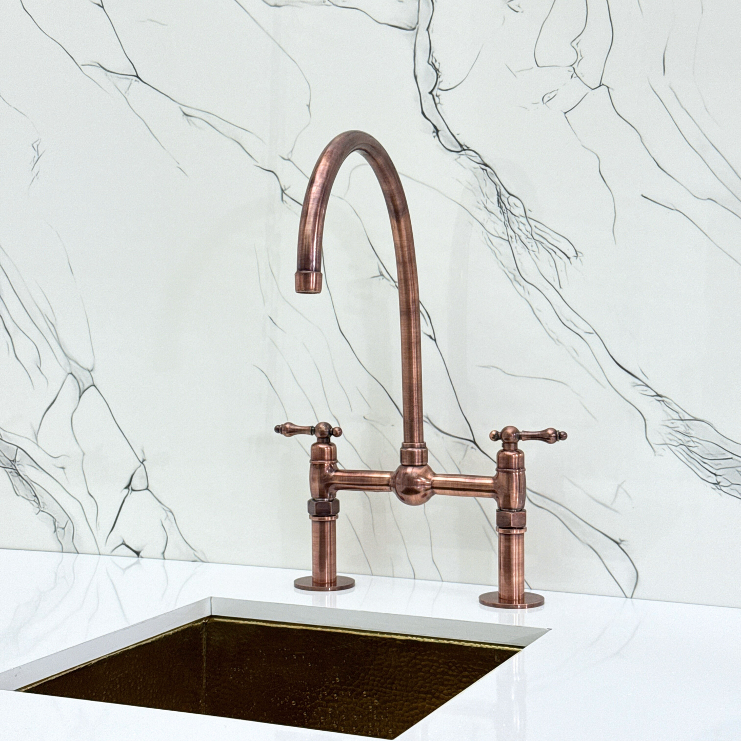 Antique Copper Bridge Faucet with Sprayer, Cold Water Faucet, Straight Legs and Lever Handles