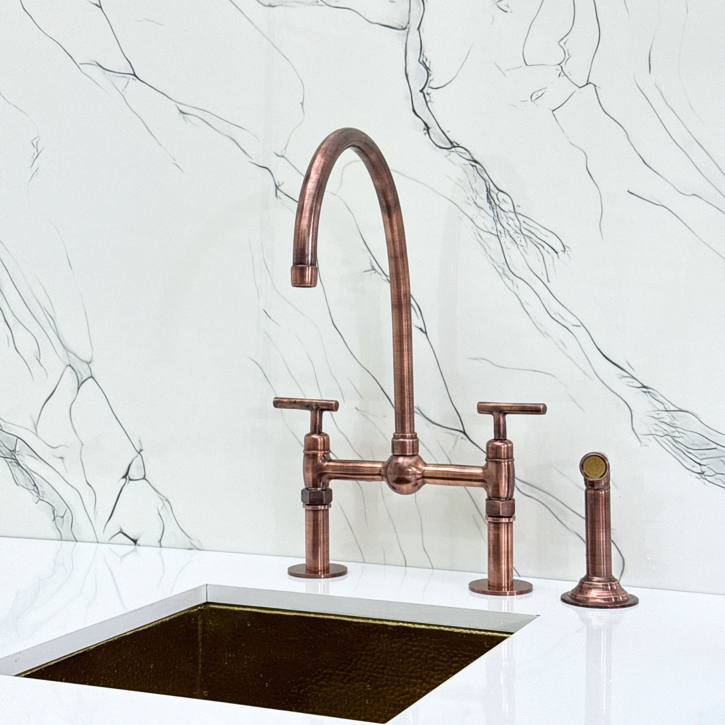 Antique Copper Bridge Faucet with Sprayer, Cold Water Faucet, Straight Legs and Lever Handles