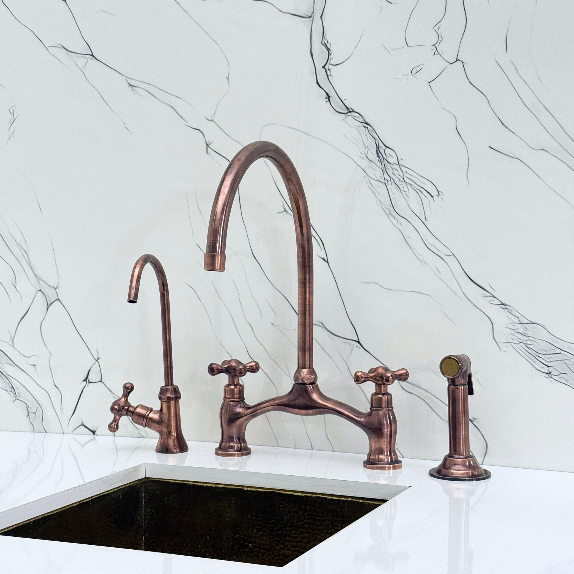 Antique Copper Kitchen Bridge Faucet with Sprayer, Drinking Water Tap ...