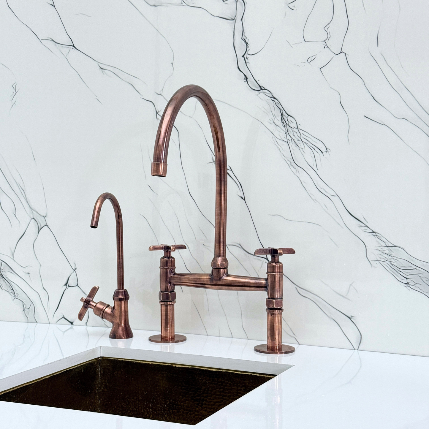 Antique Copper Bridge Faucet with Sprayer, Drinking Water Tap and Cross Handles