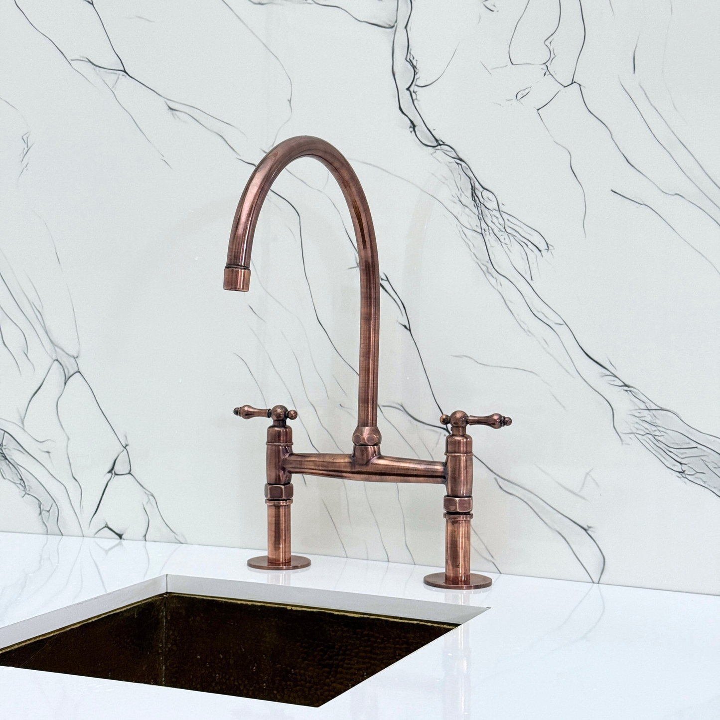 Antique Copper Bridge Faucet with Sprayer, Drinking Water Tap and Lever Handles