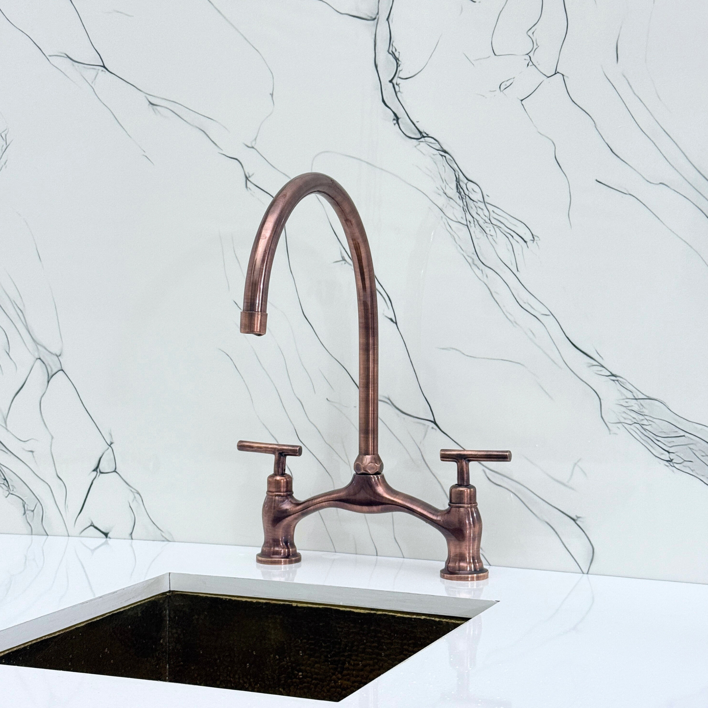 Antique Copper Kitchen Bridge Faucet with Sprayer, Drinking Water Tap and Lever Handles