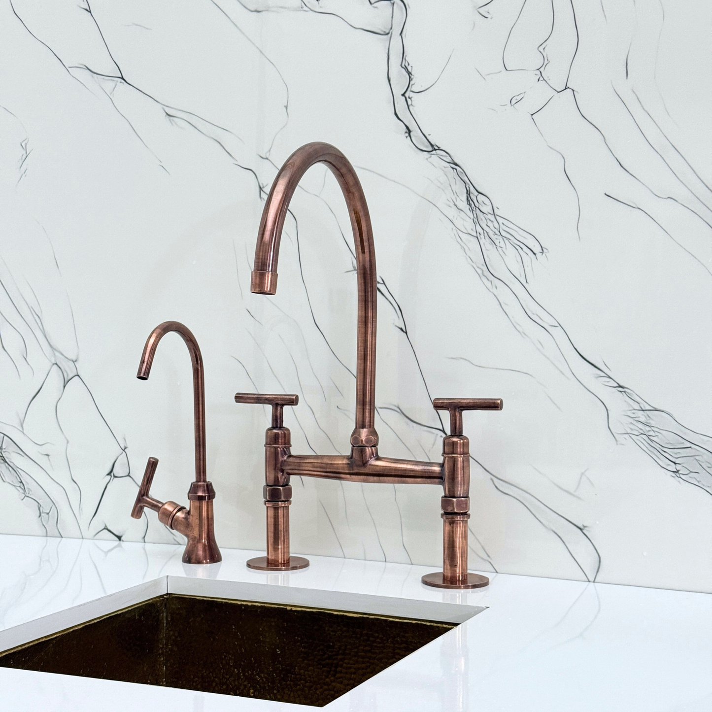 Antique Copper Bridge Faucet with Sprayer, Drinking Water Tap and Lever Handles