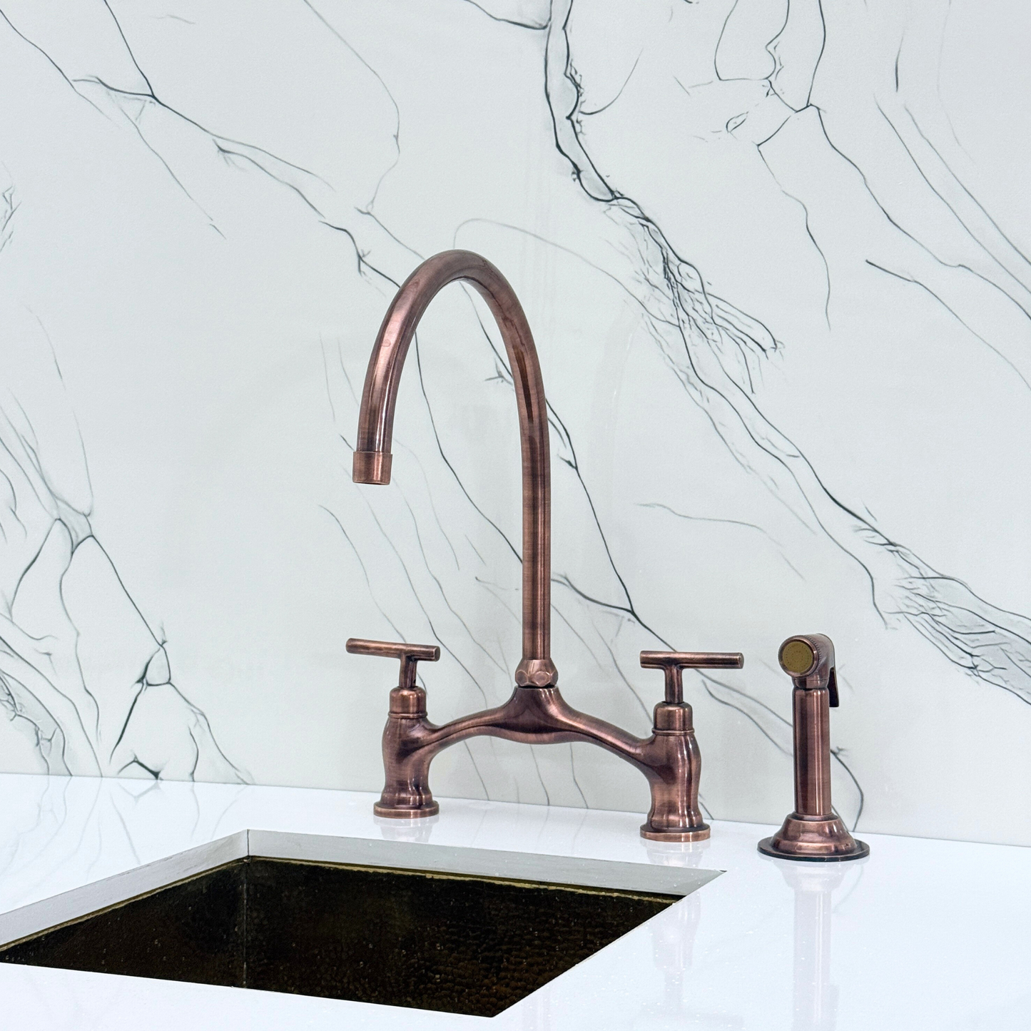Antique Copper Kitchen Bridge Faucet with Sprayer, Drinking Water Tap and Lever Handles