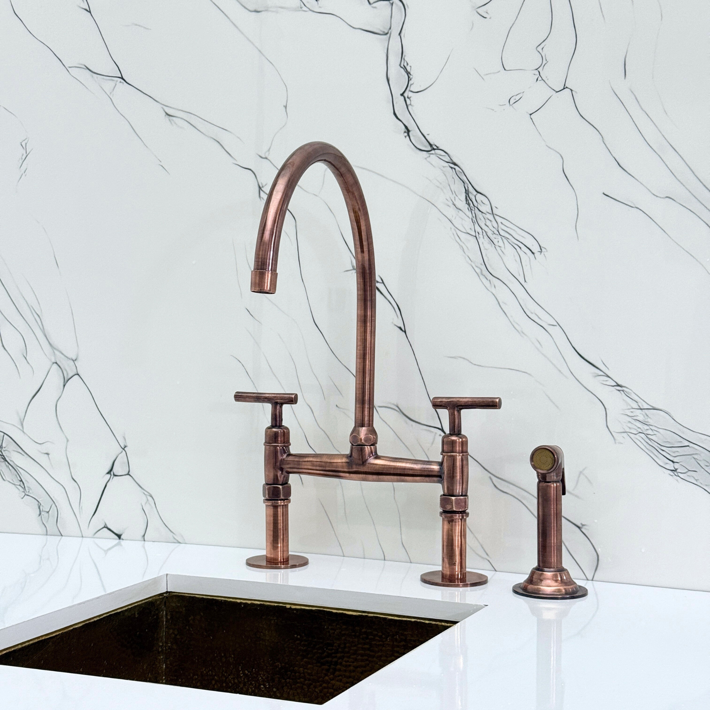 Antique Copper Bridge Faucet with Sprayer, Drinking Water Tap and Lever Handles