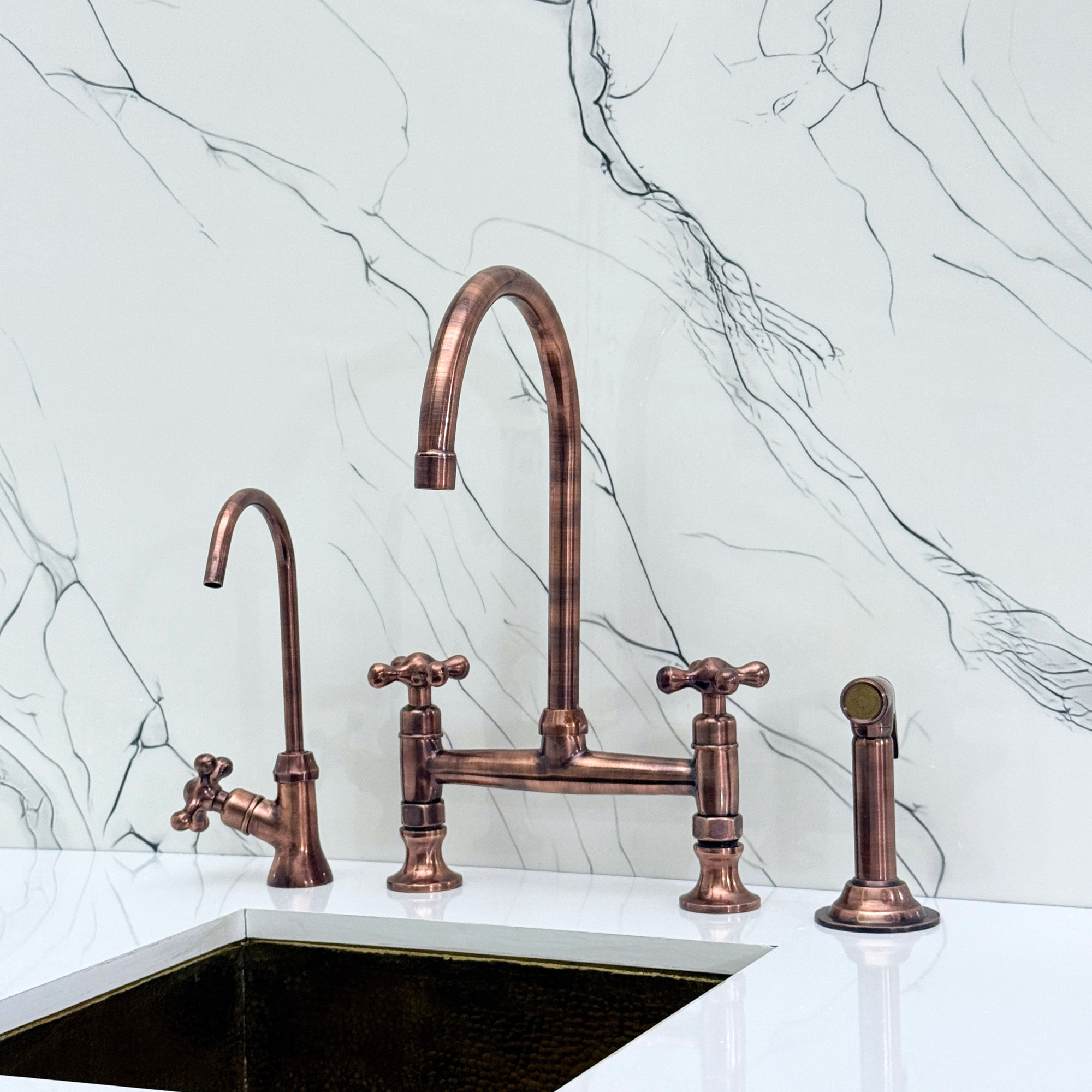 Antique Copper Bridge Kitchen Faucet with Cold Water Faucet, Sprayer ...