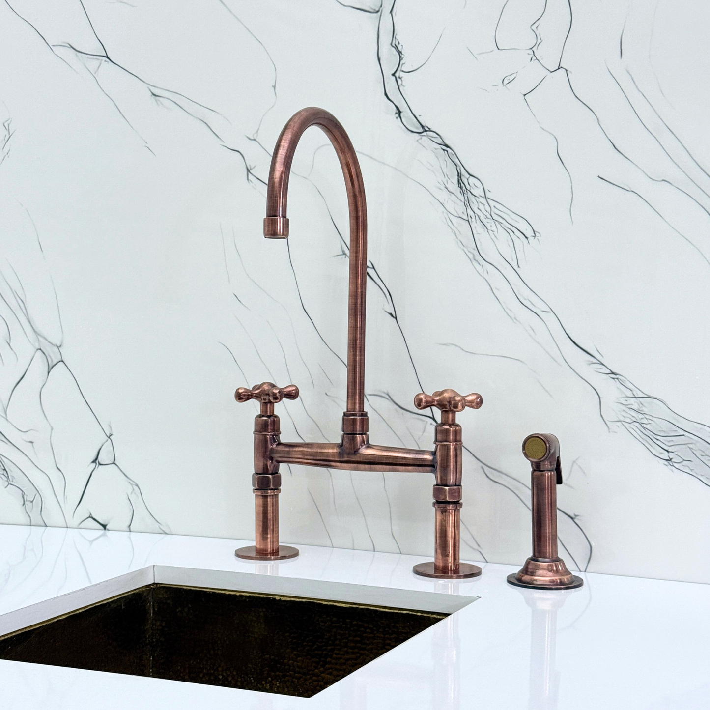 Antique Copper Kitchen Bridge Faucet with Sprayer, Cold Water Faucet and Cross Handles