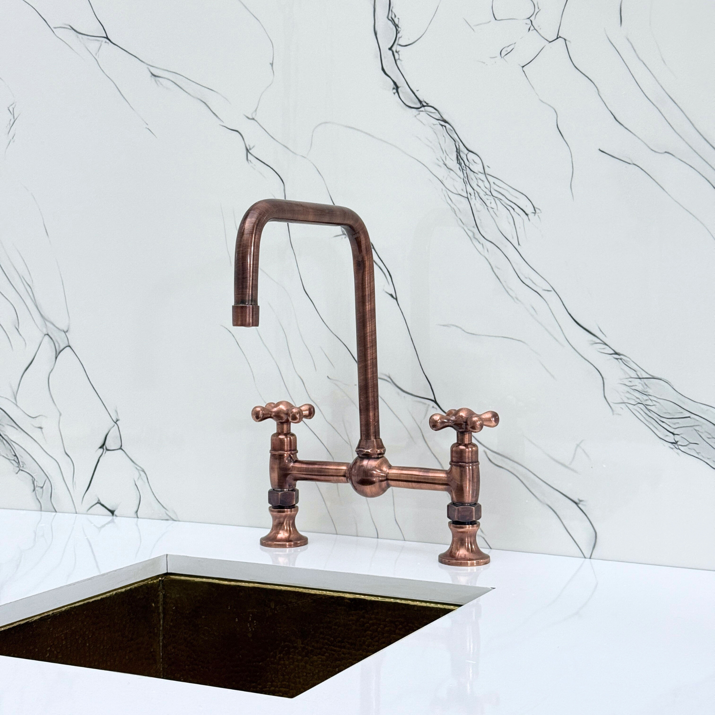 Antique Copper Classic Bridge Faucet with Ball Center, Sprayer, Cold Water Faucet and Cross Handles