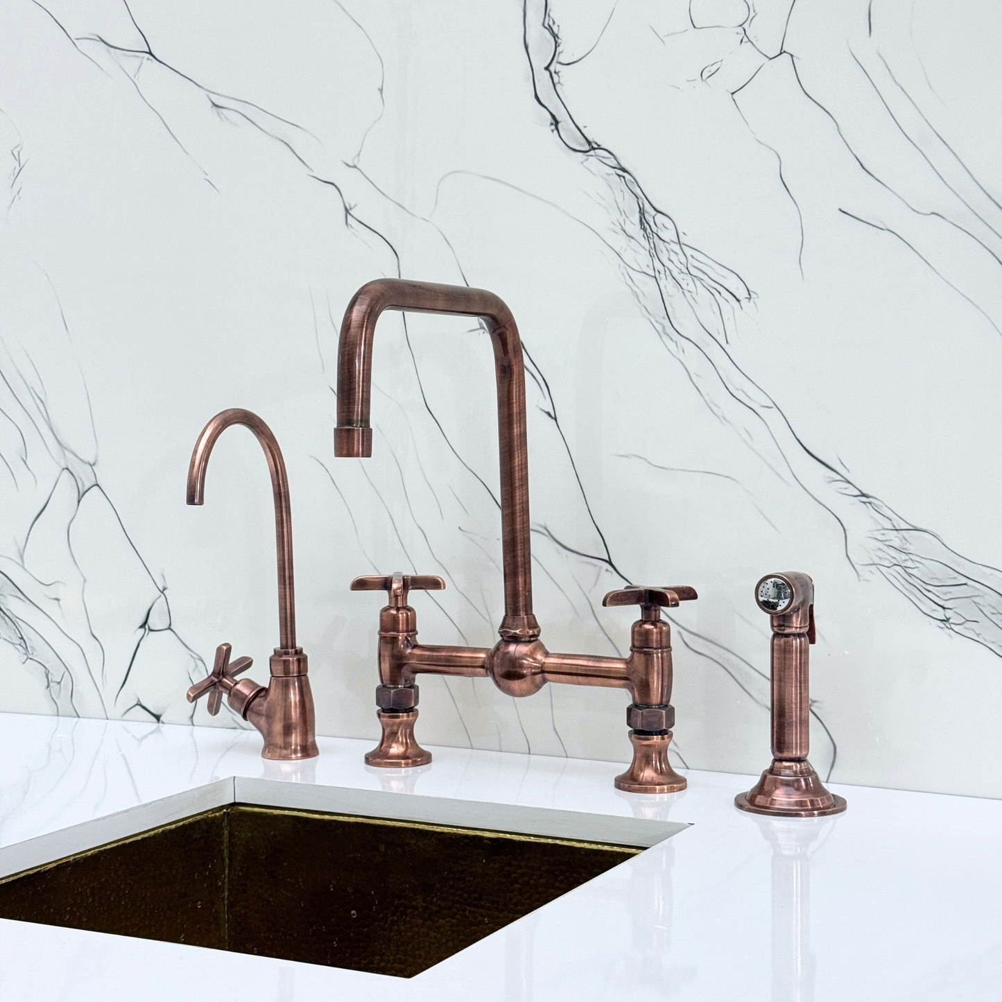 Antique Copper Classic Bridge Faucet with Ball Center, Sprayer, Cold Water Faucet and Cross Handles