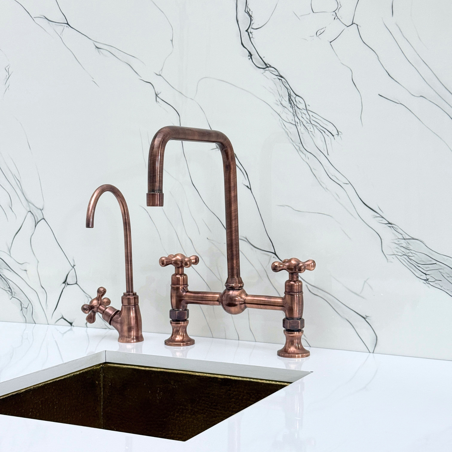 Antique Copper Classic Bridge Faucet with Ball Center, Sprayer, Cold Water Faucet and Cross Handles