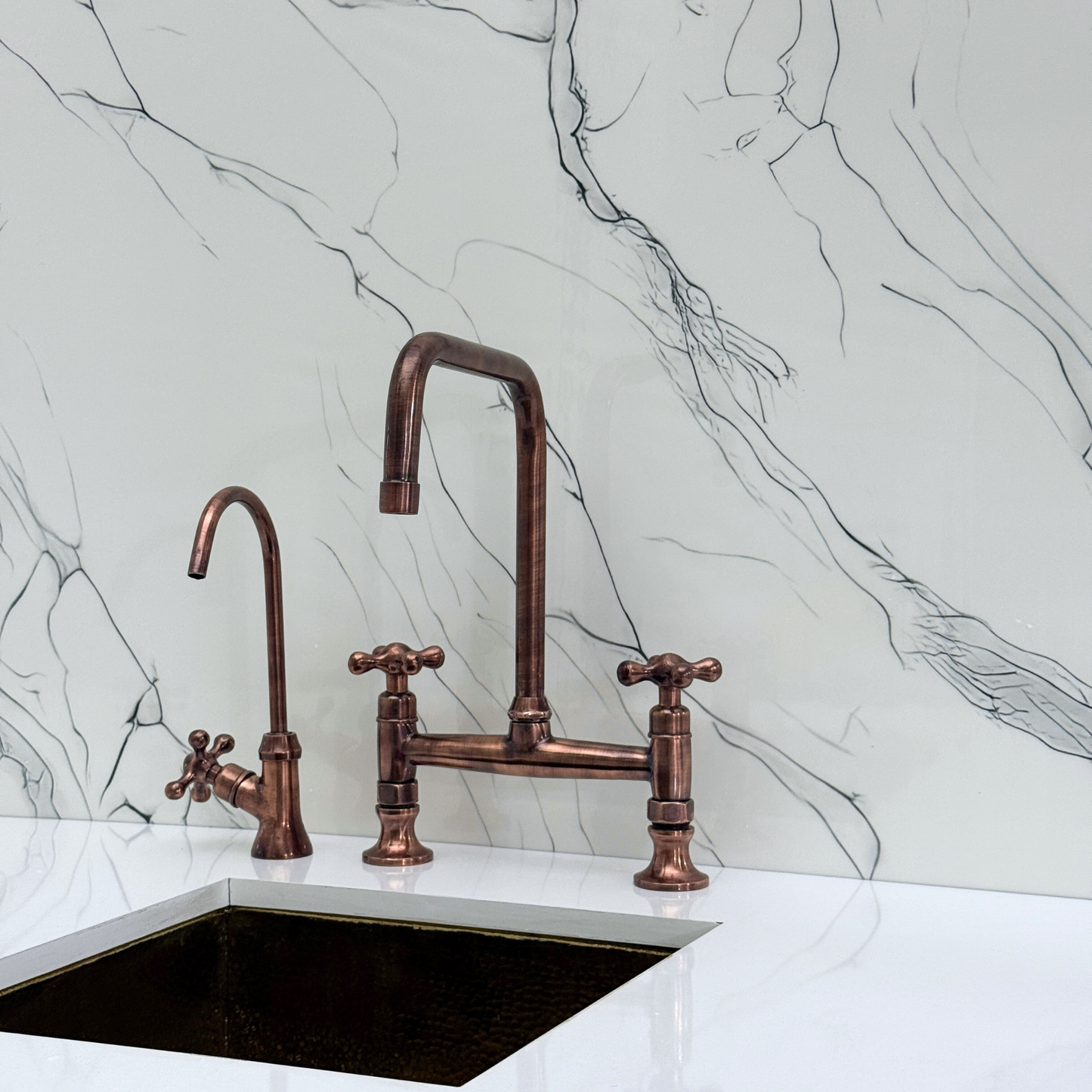 Antique Copper Classic Kitchen Bridge Faucet with Sprayer, Cold Water Faucet and Cross Handles