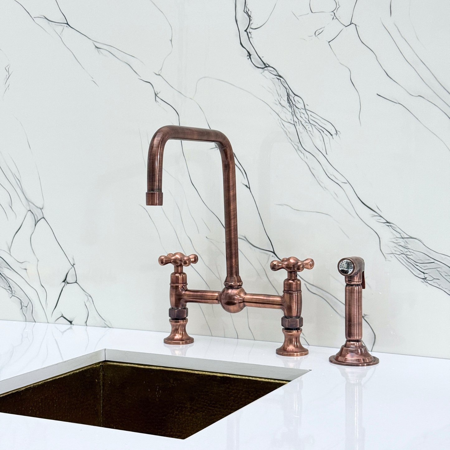 Antique Copper Classic Bridge Faucet with Ball Center, Sprayer, Cold Water Faucet and Cross Handles