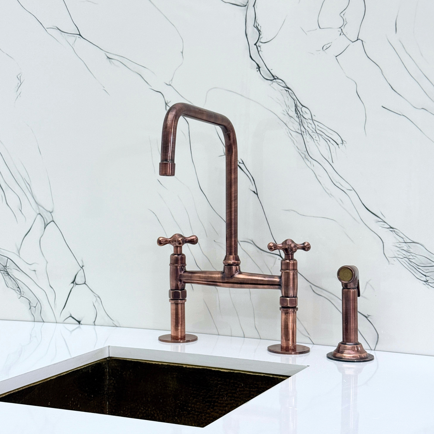 Antique Copper Classic Bridge Faucet with Sprayer, Cold Water Faucet and Cross Handles