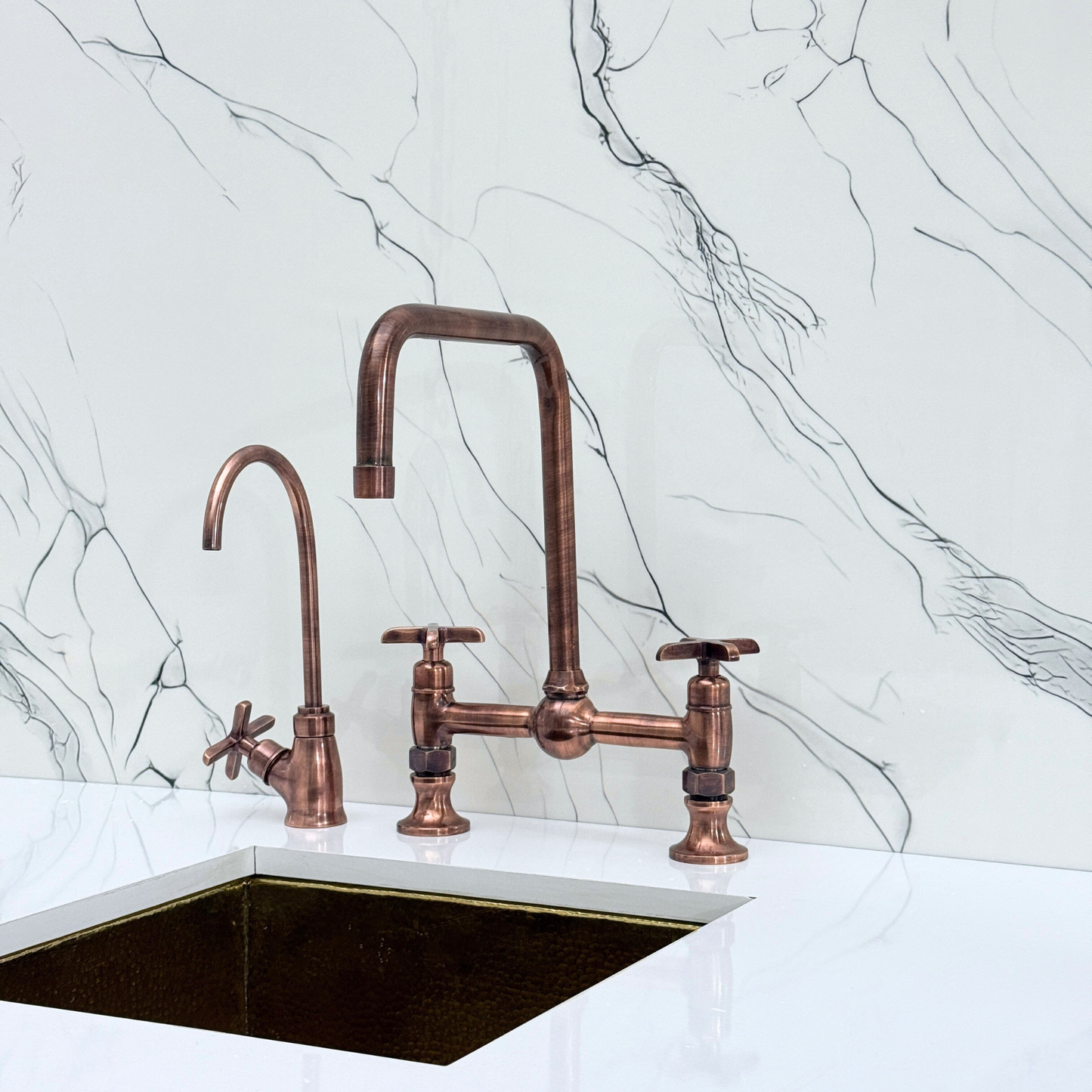 Antique Copper Classic Bridge Faucet with Ball Center, Sprayer, Cold Water Faucet and Cross Handles