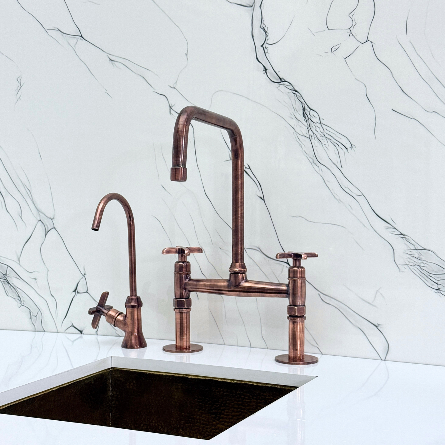 Antique Copper Classic Bridge Faucet with Sprayer, Cold Water Faucet and Cross Handles