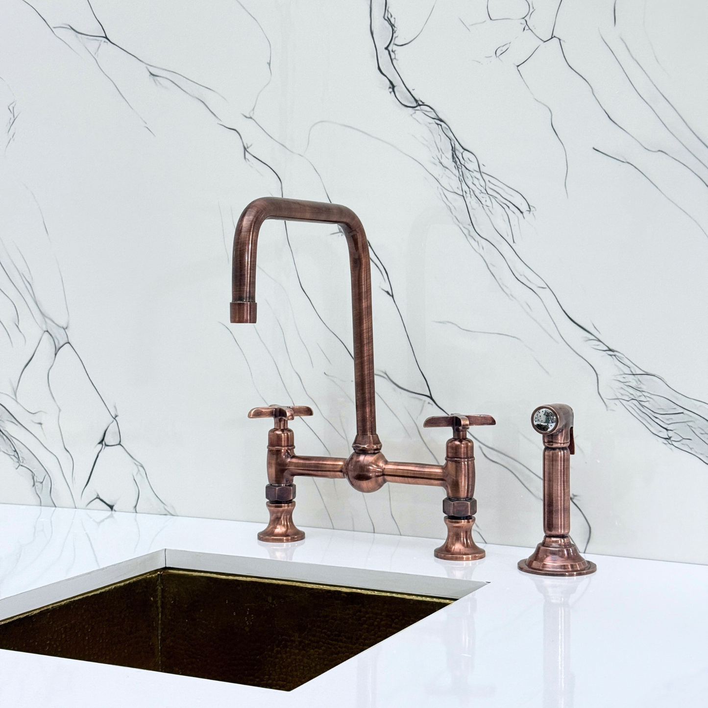Antique Copper Classic Bridge Faucet with Ball Center, Sprayer, Cold Water Faucet and Cross Handles