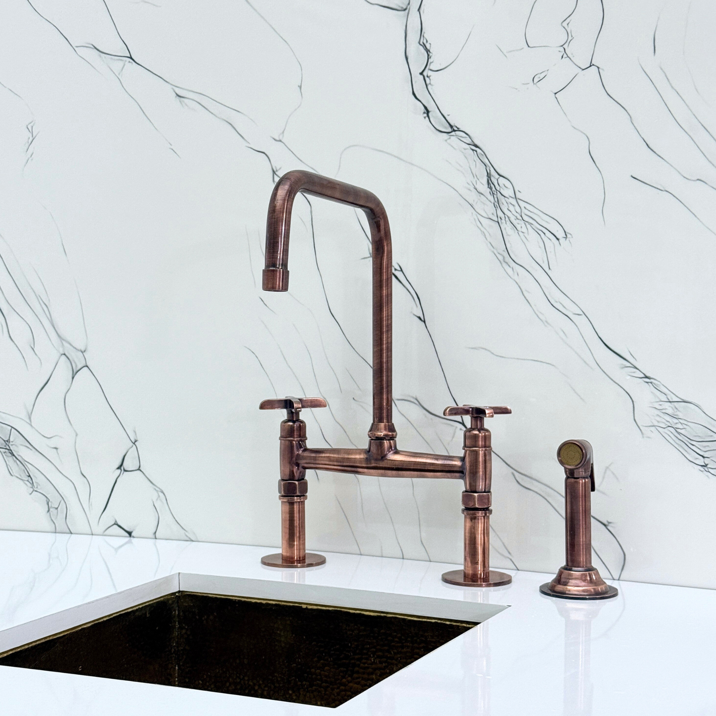 Antique Copper Classic Bridge Faucet with Sprayer, Cold Water Faucet and Cross Handles
