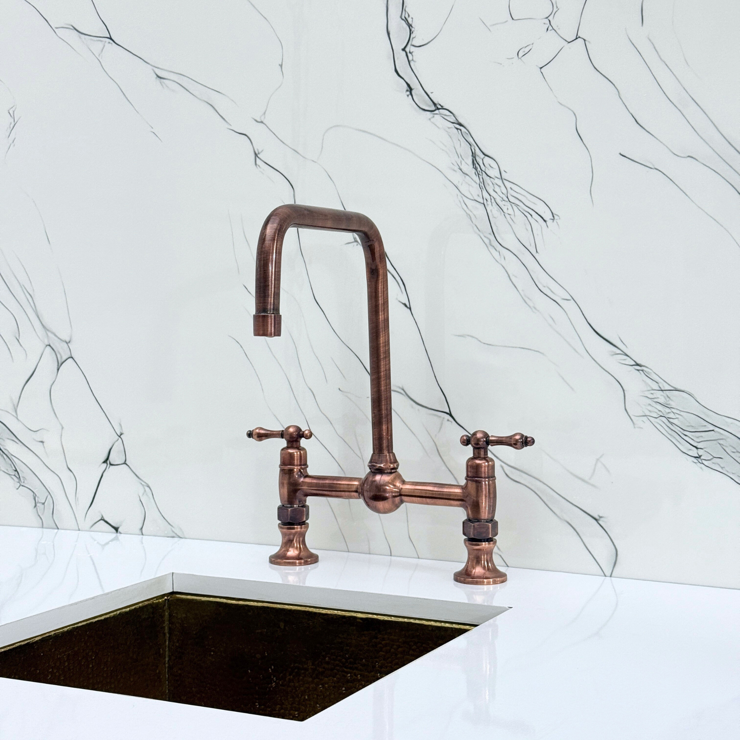 Antique Copper Classic Bridge Faucet with Ball Center, Sprayer, Cold Water Faucet and Lever Handles