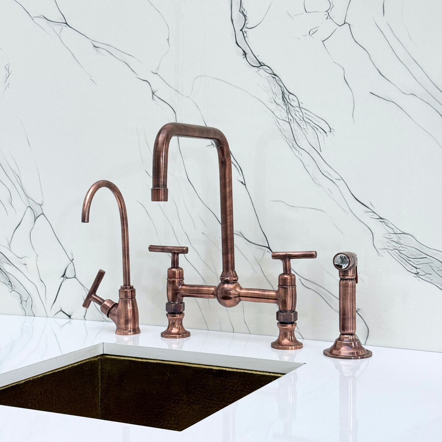 Antique Copper Classic Bridge Faucet with Ball Center, Sprayer, Cold Water Faucet and Lever Handles