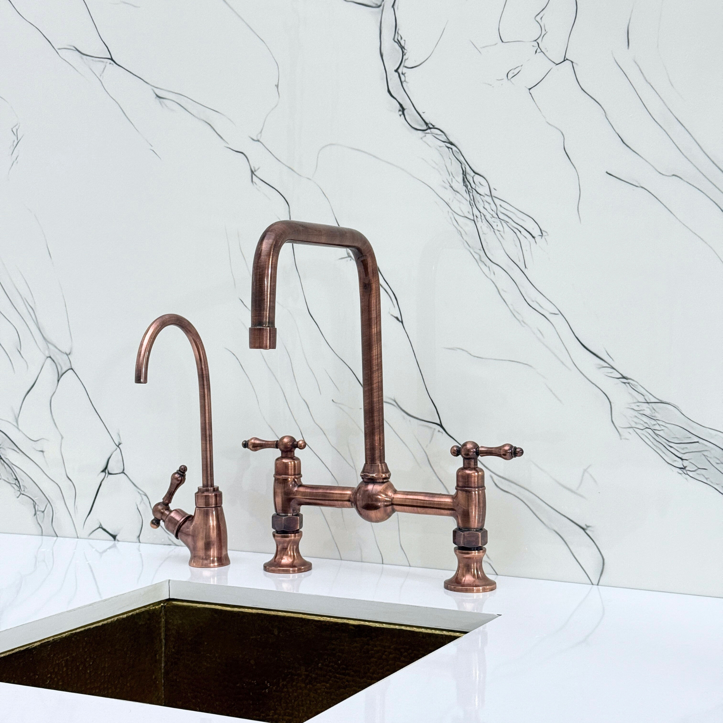 Antique Copper Classic Bridge Faucet with Ball Center, Sprayer, Cold Water Faucet and Lever Handles
