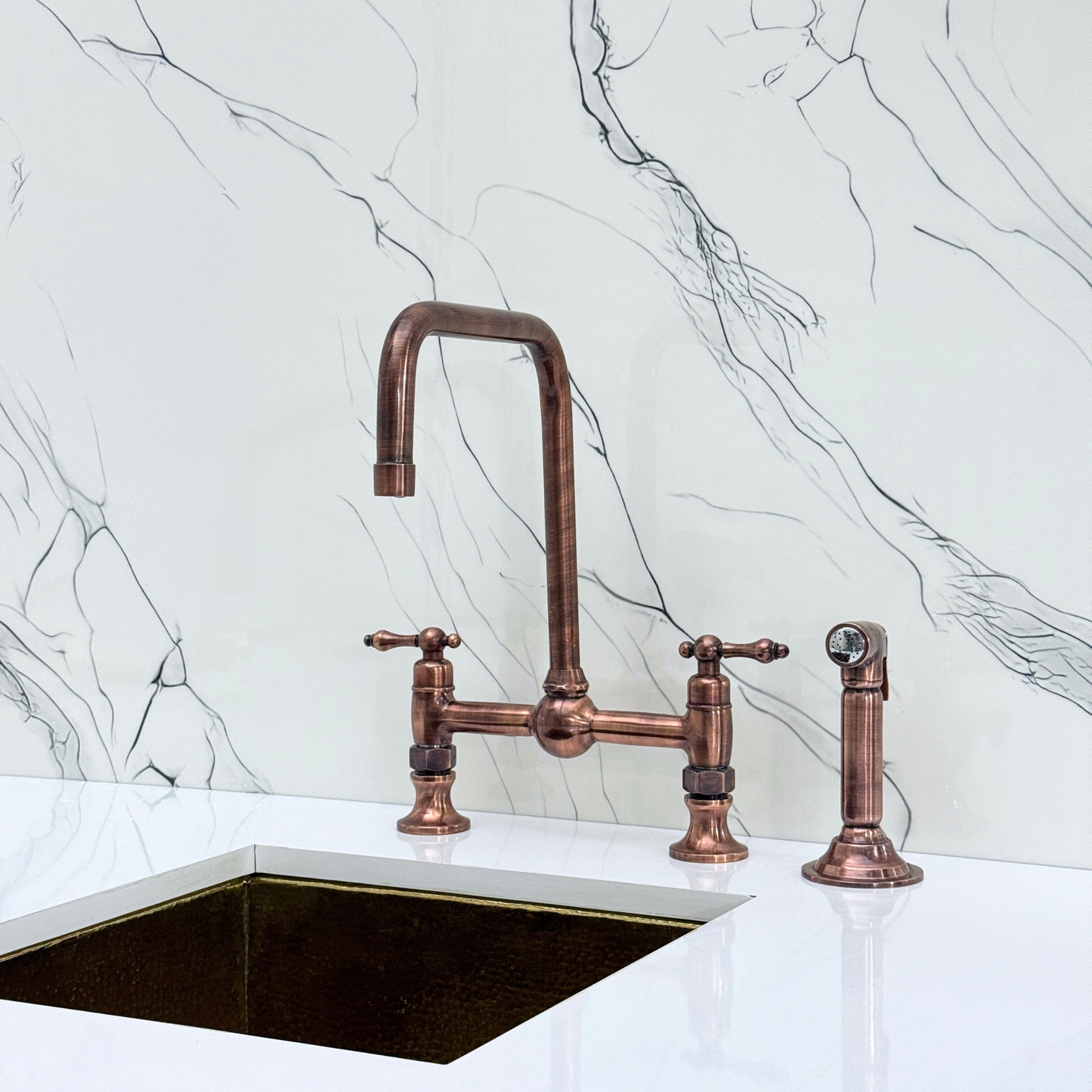 Antique Copper Classic Bridge Faucet with Ball Center, Sprayer, Cold Water Faucet and Lever Handles